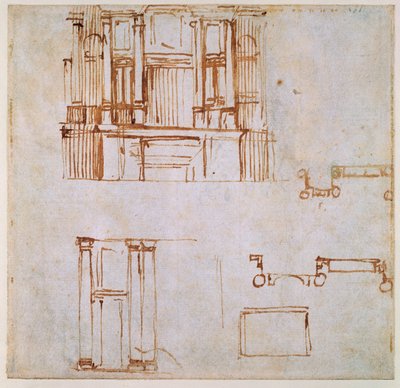 Estudios para una tumba monumental (para las tumbas de Clemente VII y León X proyectadas para el coro de San Lorenzo, Florencia) 1525-26 de Michelangelo Buonarroti